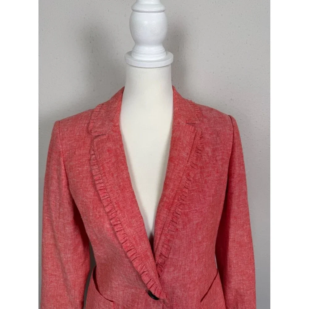 Boden Red Linen Blend Blazer Ruffle Trim Jacket Tailored UK 10 US 6 Career Chic